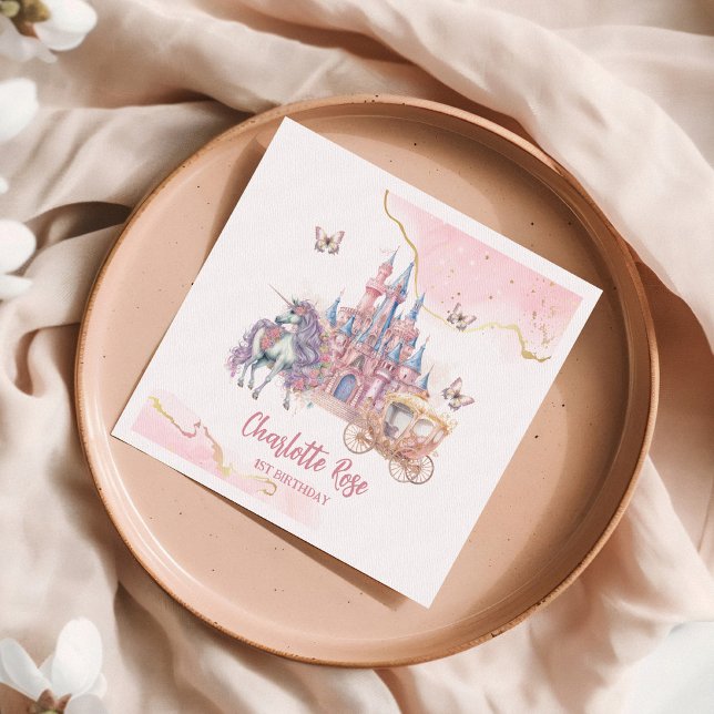 Magical Castle Unicorn Pink Princess 1st Birthday Napkins (Creator Uploaded)