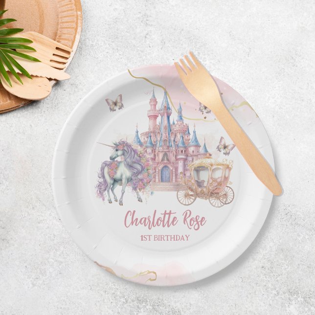Magical Castle Unicorn Pink Princess 1st Birthday Paper Plates (Creator Uploaded)