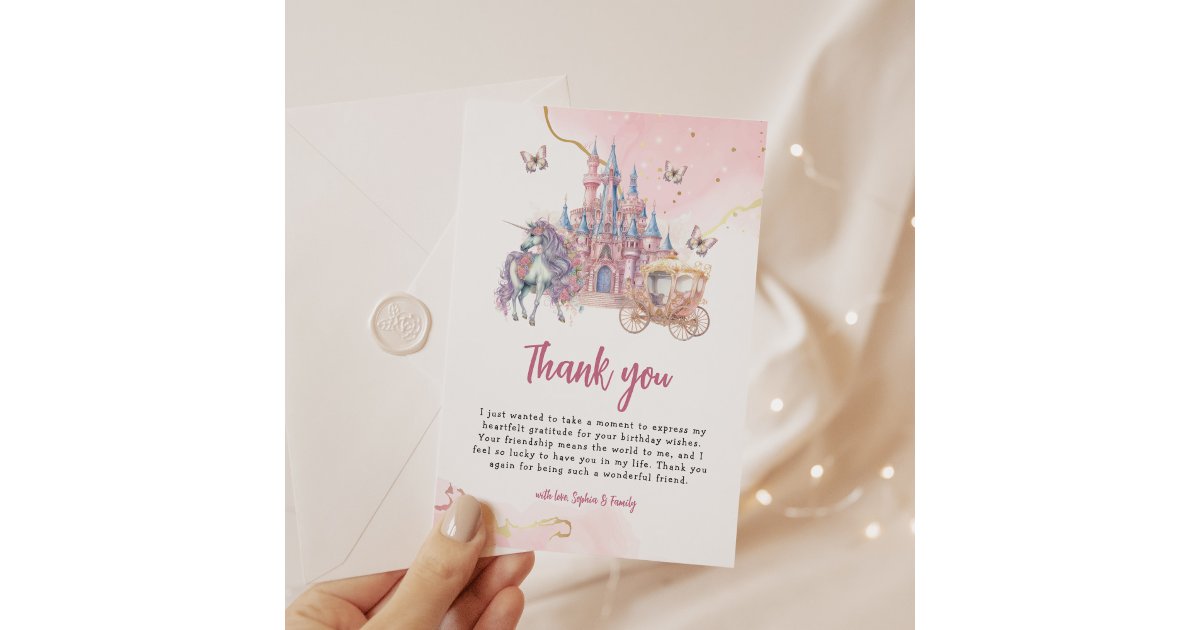 Magical Castle Unicorn Pink Princess 1st Birthday Thank You Card | Zazzle