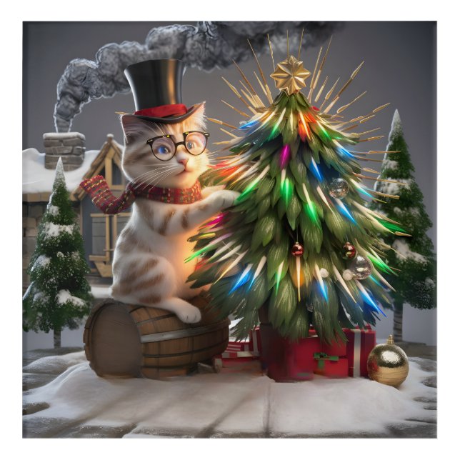  Magical Cat Christmas Whimsical 3D Winter Scene Acrylic Print (Front)
