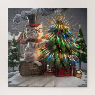 Magical Cat Christmas Whimsical 3D Winter Scene Jigsaw Puzzle