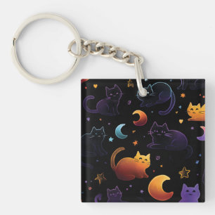 Magical Celestial Cat Pattern with Moons Keychain