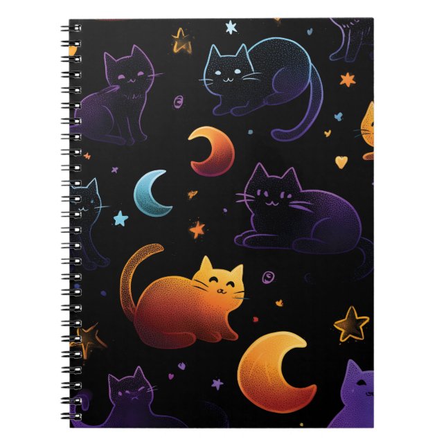Magical Celestial Cat Pattern with Moons  Notebook (Front)