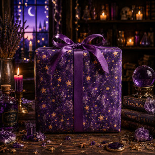 Magical Celestial Gold Stars Purple Watercolor Wrapping Paper