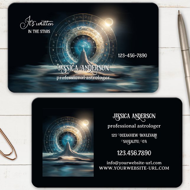 Magical Celestial Horoscope Astrologer  Business Card (Business card featuring a magical horoscope like illustration of a world with stars and planets)