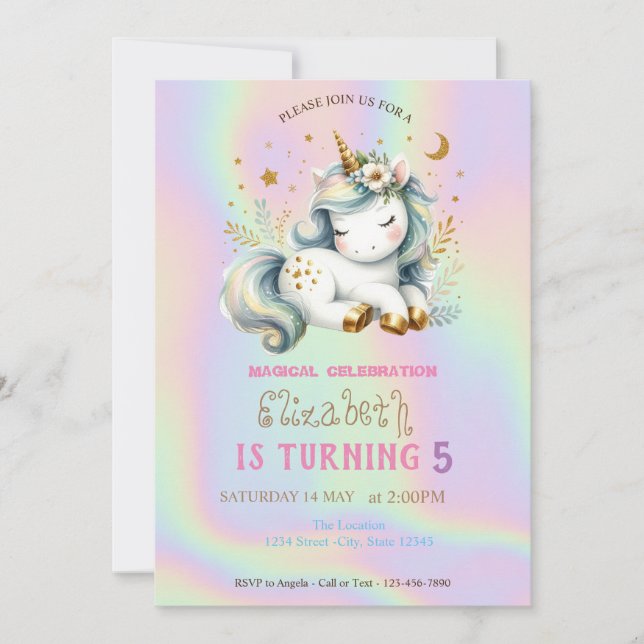 Magical Chic Unicorn Rainbow Holographic Birthday Invitation (Front)