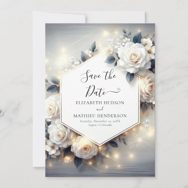 Magical Chic White Roses Wedding Save The Date (Front)