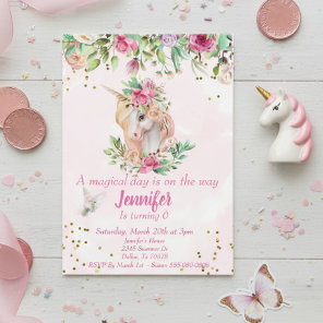 Magical Child's Gold Unicorn Pegasus Floral Invitation