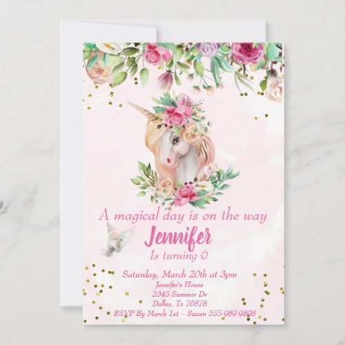 Magical Childs Gold Unicorn Pegasus Floral Invitation