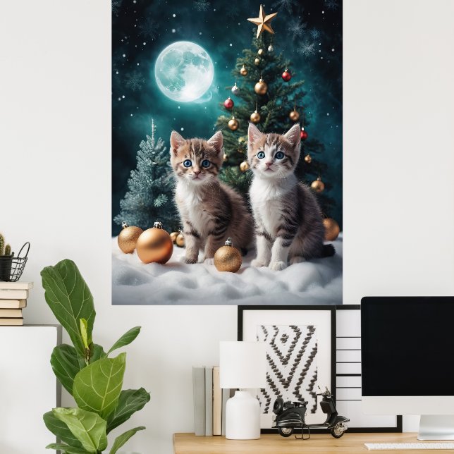 Magical Christmas Eve with Kittens by Tree  Poster (Home Office)