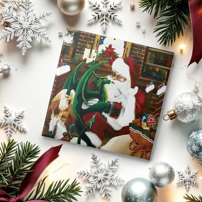 Magical Christmas Fantasy Santa Dragon Yule Cozy Ceramic Tile (Creator Uploaded)