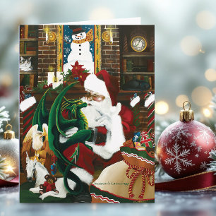 Magical Christmas Fantasy Santa Dragon Yule Cozy Holiday Card