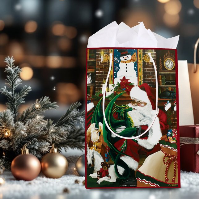 Magical Christmas Fantasy Santa Dragon Yule Cozy Medium Gift Bag (Creator Uploaded)