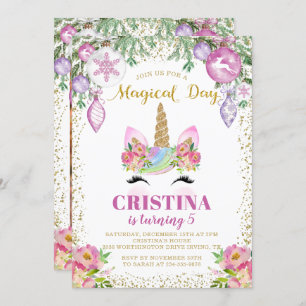 Magical Christmas Floral Unicorn Photo Birthday Invitation