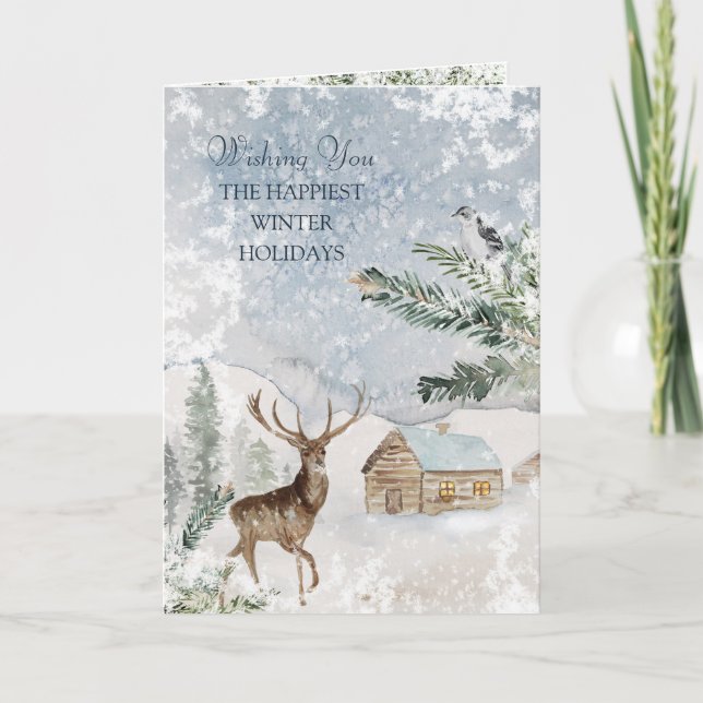 Magical Christmas Forest Deer Bird Greeting Card (Front)