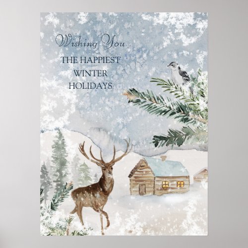 Magical Christmas Forest Deer Bird Poster