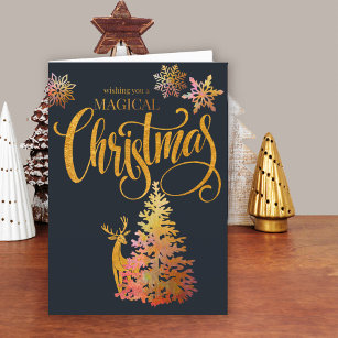 Magical Christmas Gold Deer and Tree Holiday Card