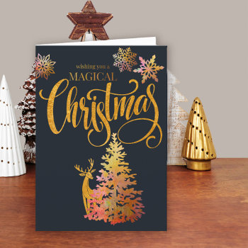 Magical Christmas Gold Deer And Tree Holiday Card by darlingandmay at Zazzle