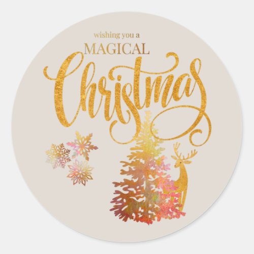 Magical Christmas Gold Tree  Reindeer Champagne Classic Round Sticker