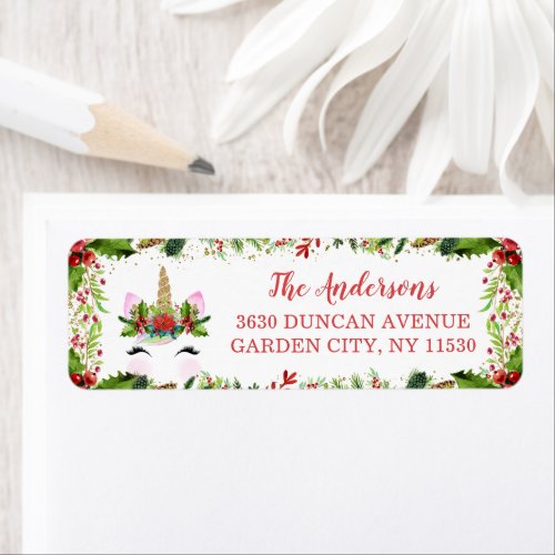 Magical Christmas Holly Berries Unicorn Address Label