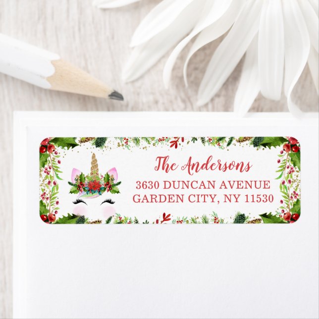 Magical Christmas Holly Berries Unicorn Address Label (Insitu)