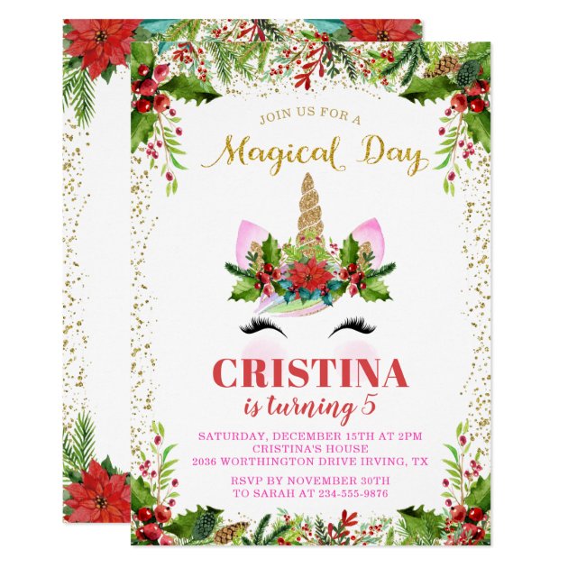 Magical Christmas Holly Berries Unicorn Birthday Invitation