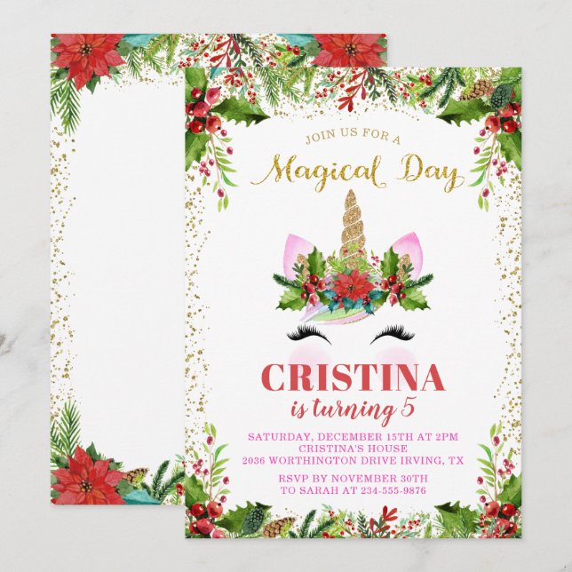 Magical Christmas Holly Berries Unicorn Birthday Invitation (Front/Back)