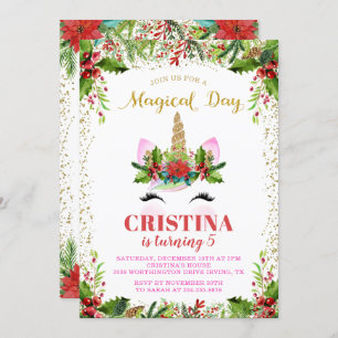 Magical Christmas Holly Berries Unicorn Birthday Invitation