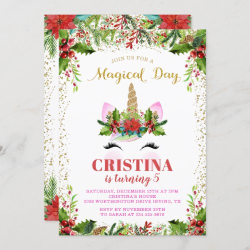 Magical Christmas Holly Berries Unicorn Birthday Invitation