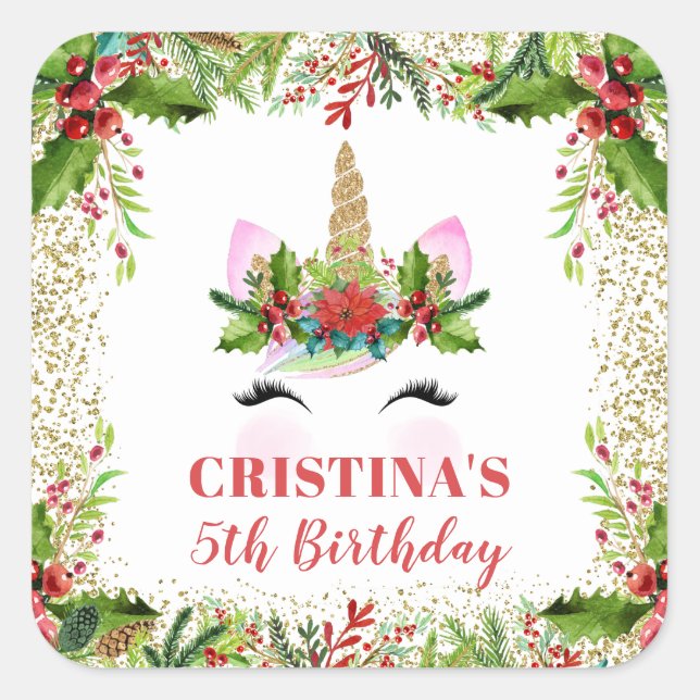 Magical Christmas Holly Berries Unicorn Birthday Square Sticker (Front)