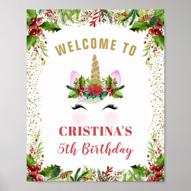 Magical Christmas Holly Berries Unicorn Welcome Poster (Front)