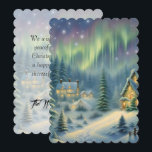 Magical Christmas night in the forest under stars<br><div class="desc">This card features a snowy winter forest at night with stars and auroras in the sky. The houses are brightly lit. Send Christmas greetings to your family and friends! Custom text and back.</div>