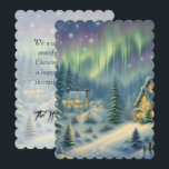 Magical Christmas night in the forest under stars<br><div class="desc">This card features a snowy winter forest at night with stars and auroras in the sky. The houses are brightly lit. Send Christmas greetings to your family and friends! Custom text and back.</div>