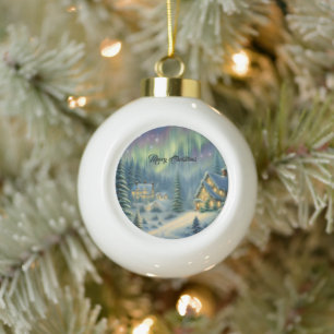 Magical Christmas night in the forest under stars Ceramic Ball Christmas Ornament
