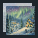 Magical Christmas night in the forest under stars  Holiday Card<br><div class="desc">This card features a snowy winter forest at night with stars and auroras in the sky. The houses are brightly lit. Send Christmas greetings to your family and friends! Custom text and back.</div>