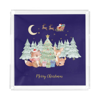 Magical Christmas Night in the Winter Forest Acrylic Tray