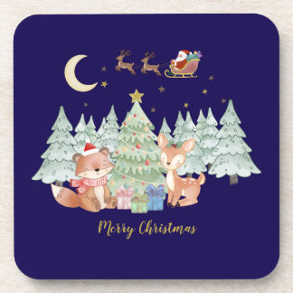 Magical Christmas Night in the Winter Forest Beverage Coaster