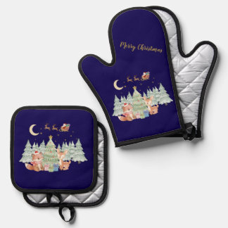 Magical Christmas Night in the Winter Forest Oven Mitt & Pot Holder Set