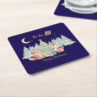 Magical Christmas Night in the Winter Forest Square Paper Coaster