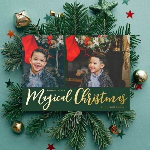Magical Christmas Photo Collage and Green and Gold Foil Holiday Card