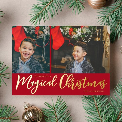 Magical Christmas Photo Collage and Red and Gold Foil Holiday Card