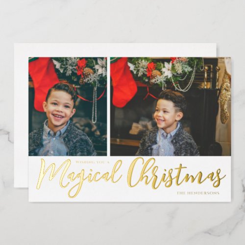Magical Christmas Photo Collage and White and Gold Foil Holiday Card
