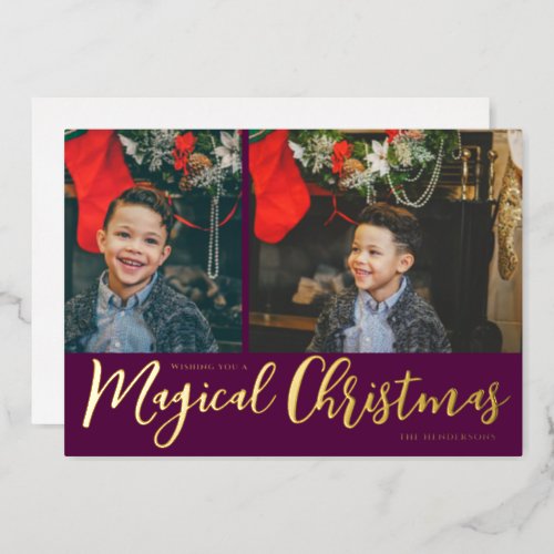 Magical Christmas Photo Collage Purple and Gold Foil Holiday Card