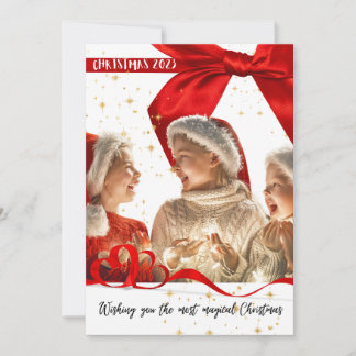 Magical Christmas Photo Red Ribbon Holiday Card