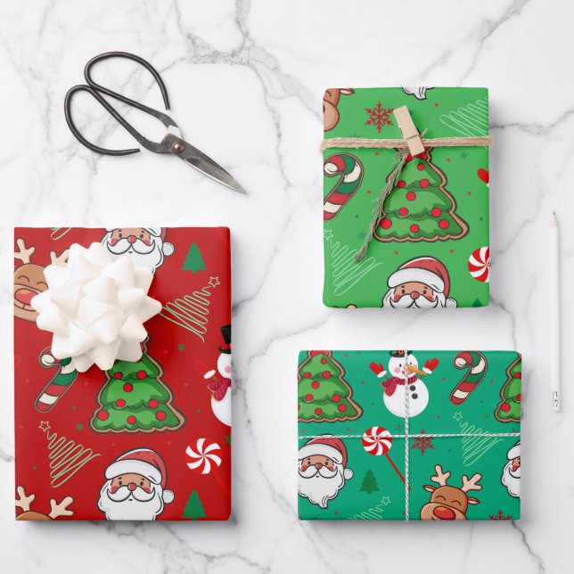 Magical Christmas – Santa, Reindeer & Snowflakes Wrapping Paper Sheets (Front)