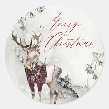 Magical Christmas Scene Rustic Woodland Deer Classic Round Sticker by DP_Holidays at Zazzle