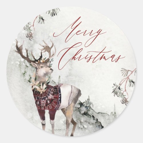 Magical Christmas Scene Rustic Woodland Deer Classic Round Sticker