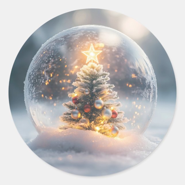 Magical Christmas Snow Globe with Glowing Tree Classic Round Sticker (Front)