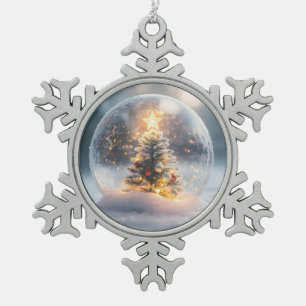 Magical Christmas Snow Globe with Glowing Tree Snowflake Pewter Christmas Ornament