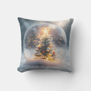 Magical Christmas Snow Globe with Glowing Tree Throw Pillow